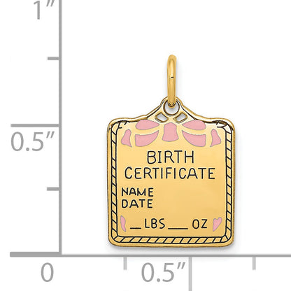 14k Yellow Gold 14k Enameled Pink Engravable Birth Certificate Charm