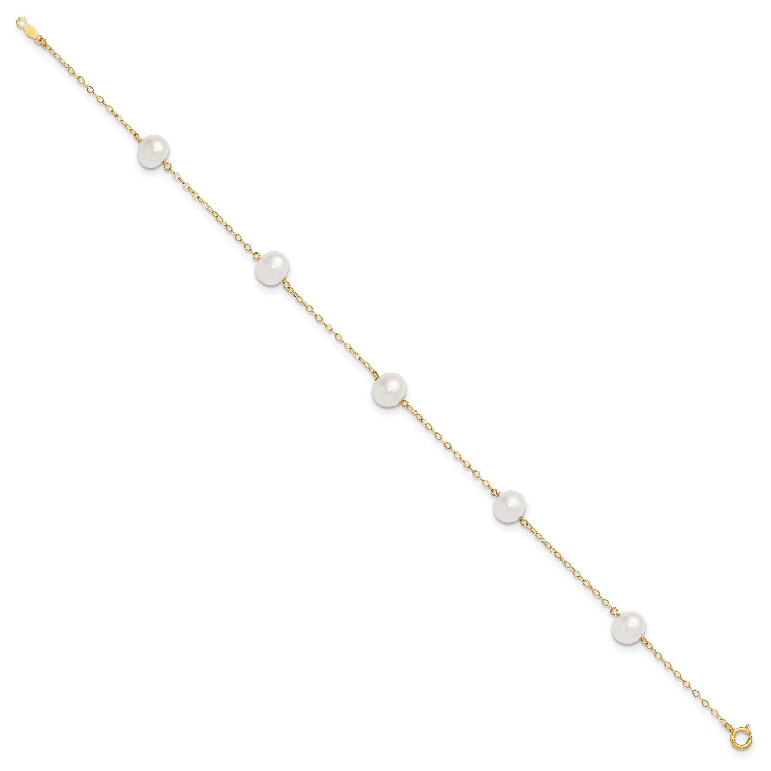 10K Yellow Gold 7-8mm White Near Round Freshwater Cultured Pearl 5-Station 10 Inch Anklet