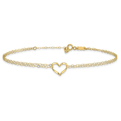 14k Yellow Gold Double Strand Heart 9 Inch with 1 Inch extension Anklet Body Fine Jewelry