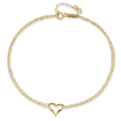14k Yellow Gold Double Strand Heart 9 Inch with 1 Inch extension Anklet Body Fine Jewelry