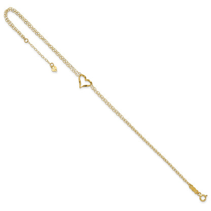14k Yellow Gold Double Strand Heart 9 Inch with 1 Inch extension Anklet Body Fine Jewelry