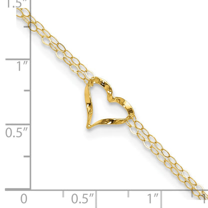 14k Yellow Gold Double Strand Heart 9 Inch with 1 Inch extension Anklet Body Fine Jewelry