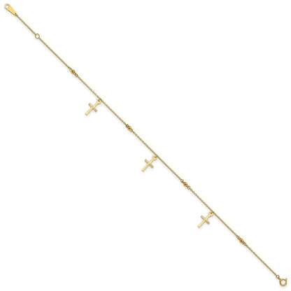 14K Yellow Gold Polished and Diamond-Cut Cross 9in Plus 1in Ext. Anklet