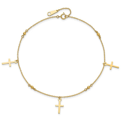 14K Yellow Gold Polished and Diamond-Cut Cross 9in Plus 1in Ext. Anklet