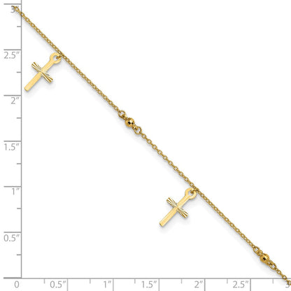 14K Yellow Gold Polished and Diamond-Cut Cross 9in Plus 1in Ext. Anklet
