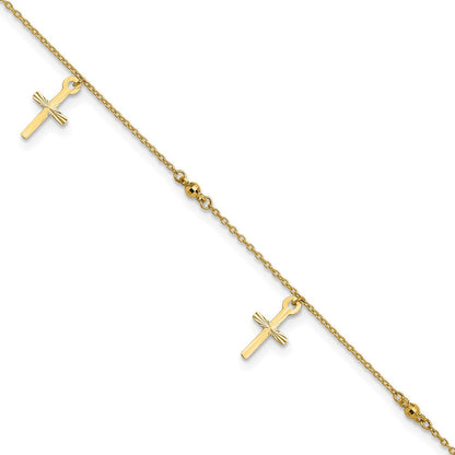 14K Yellow Gold Polished and Diamond-Cut Cross 9in Plus 1in Ext. Anklet