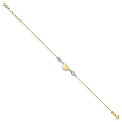 14K Two Tone Puffed Love Heart And Diamond Cut Beads 7 Inch Bracelet Plus 1 Dangle Extender