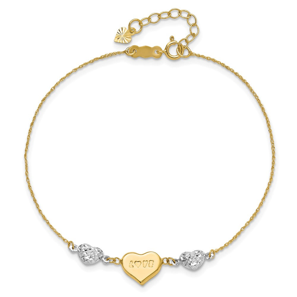 14K Two Tone Puffed Love Heart And Diamond Cut Beads 7 Inch Bracelet Plus 1 Dangle Extender