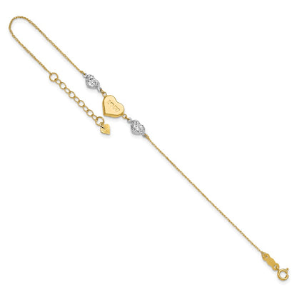 14K Two Tone Puffed Love Heart And Diamond Cut Beads 7 Inch Bracelet Plus 1 Dangle Extender
