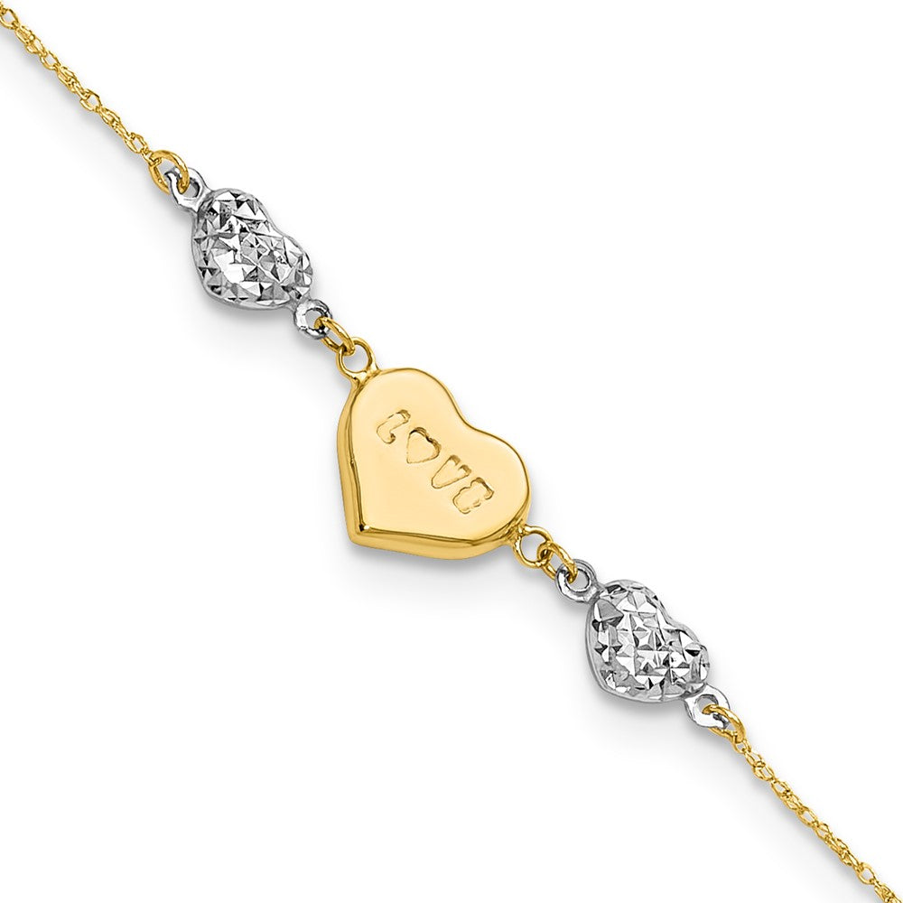 14K Two Tone Puffed Love Heart And Diamond Cut Beads 7 Inch Bracelet Plus 1 Dangle Extender