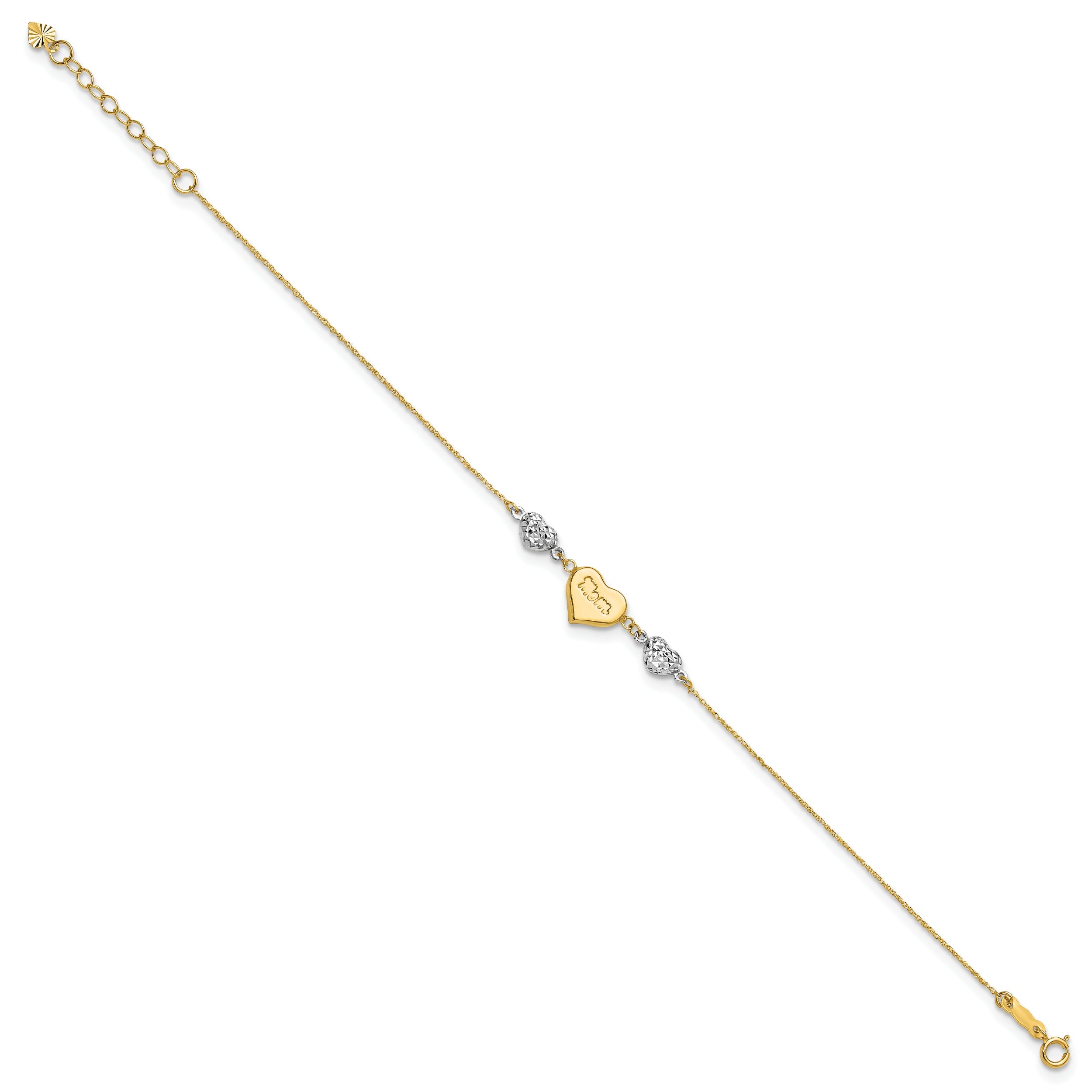 14K Two Tone Puffed Mom Heart And Diamond Cut Beads 7 Inch Bracelet Plus 1 Dangle Extender