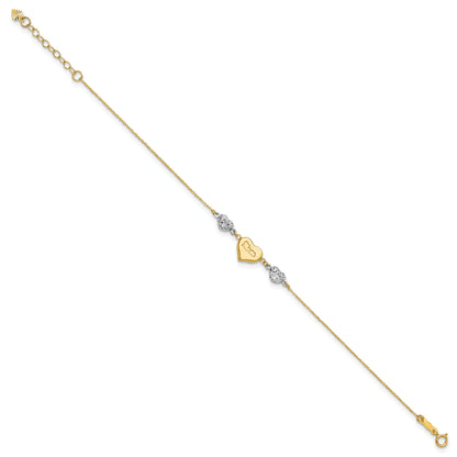 14K Two Tone Puffed Mom Heart And Diamond Cut Beads 7 Inch Bracelet Plus 1 Dangle Extender