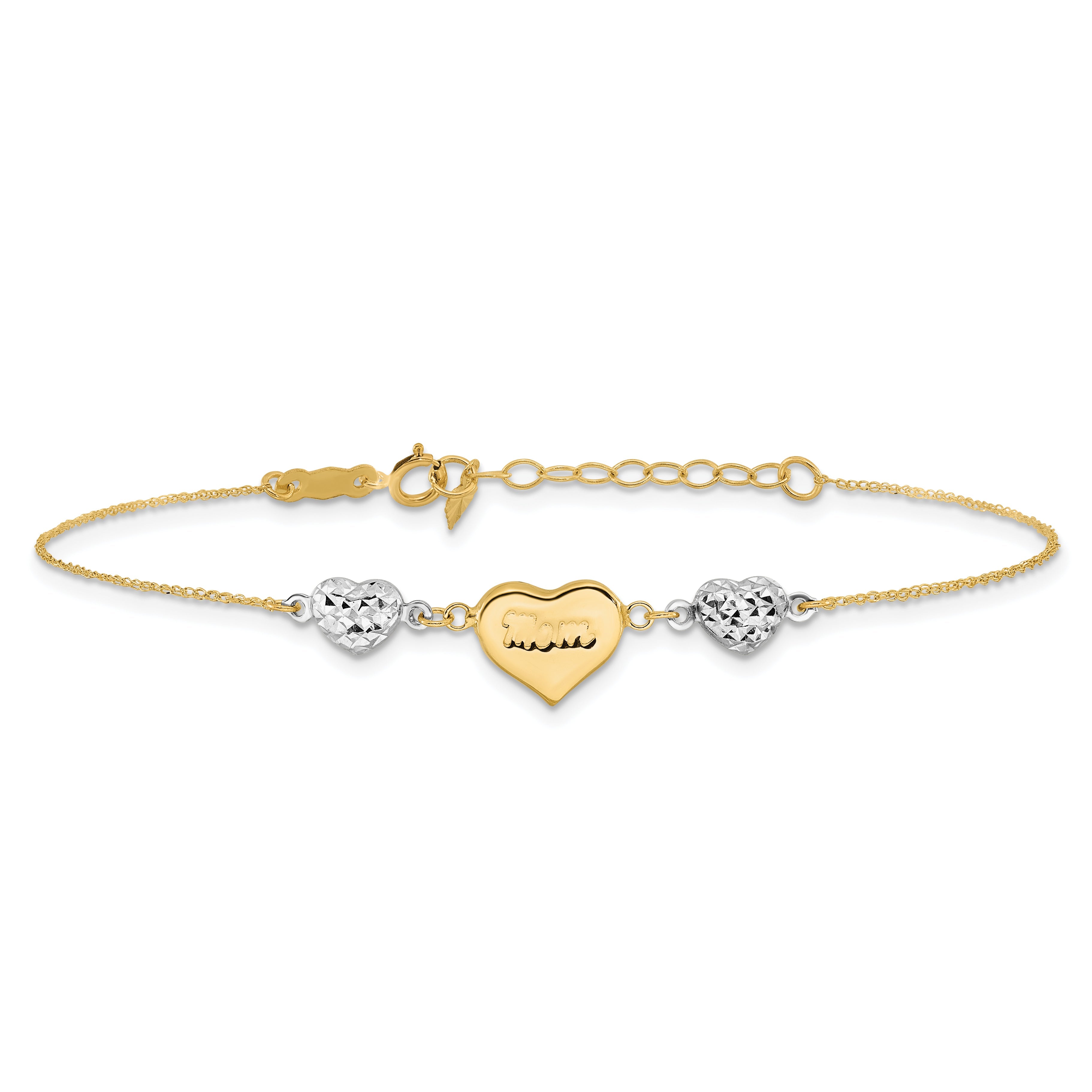 14K Two Tone Puffed Mom Heart And Diamond Cut Beads 7 Inch Bracelet Plus 1 Dangle Extender