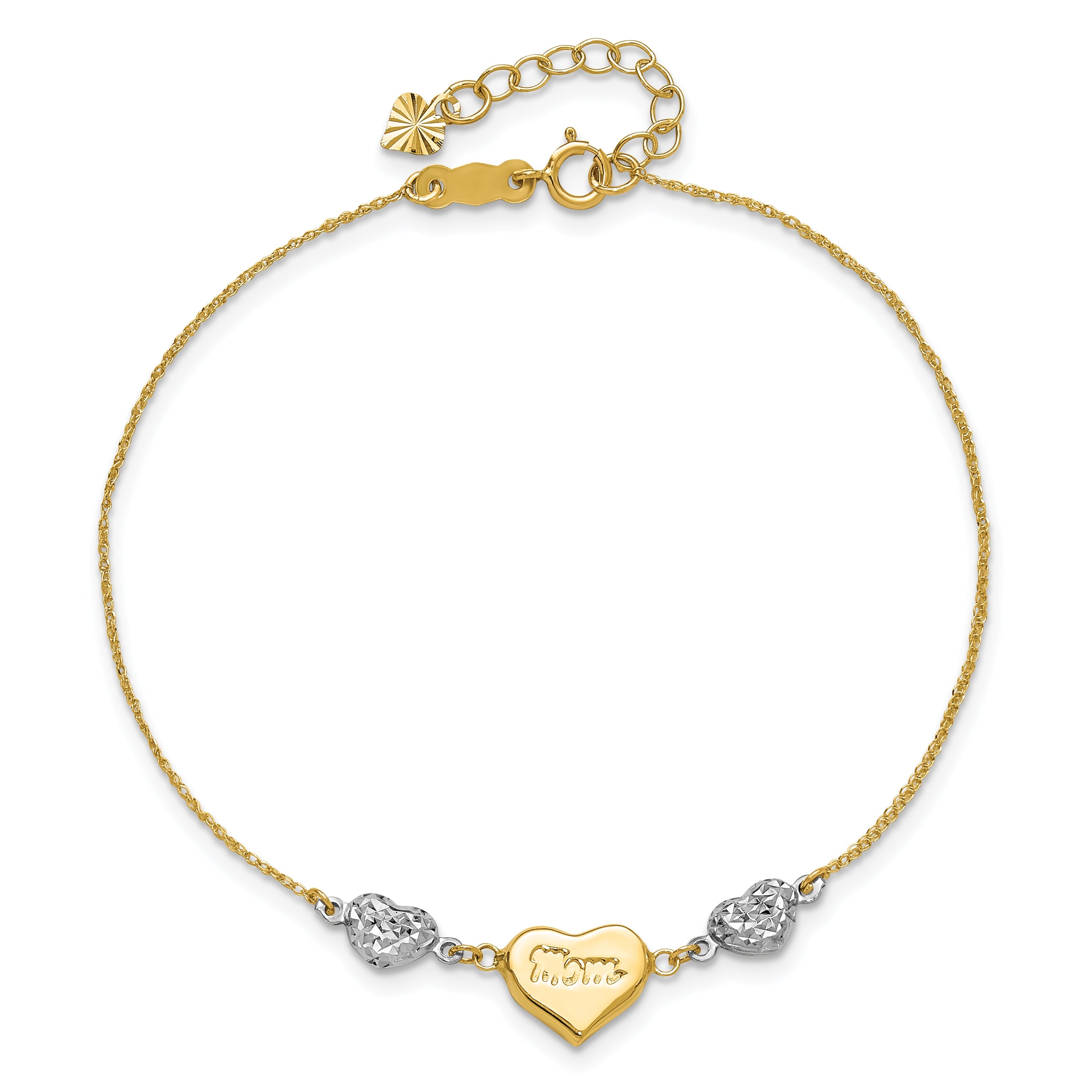 14K Two Tone Puffed Mom Heart And Diamond Cut Beads 7 Inch Bracelet Plus 1 Dangle Extender