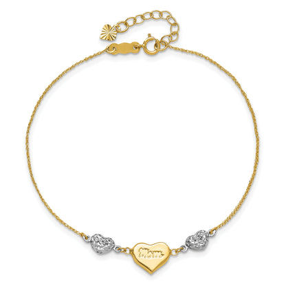 14K Two Tone Puffed Mom Heart And Diamond Cut Beads 7 Inch Bracelet Plus 1 Dangle Extender