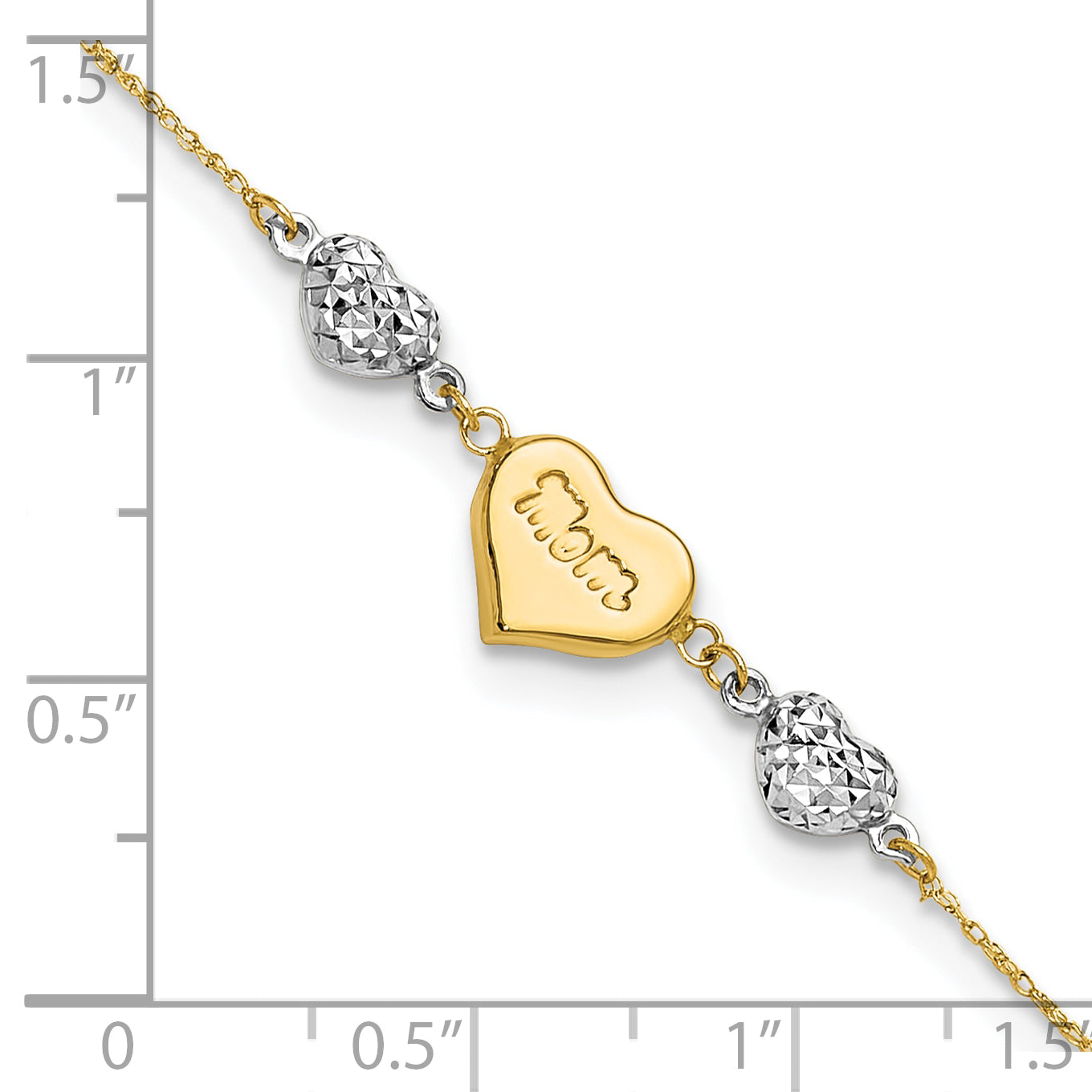 14K Two Tone Puffed Mom Heart And Diamond Cut Beads 7 Inch Bracelet Plus 1 Dangle Extender