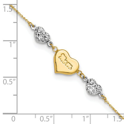 14K Two Tone Puffed Mom Heart And Diamond Cut Beads 7 Inch Bracelet Plus 1 Dangle Extender
