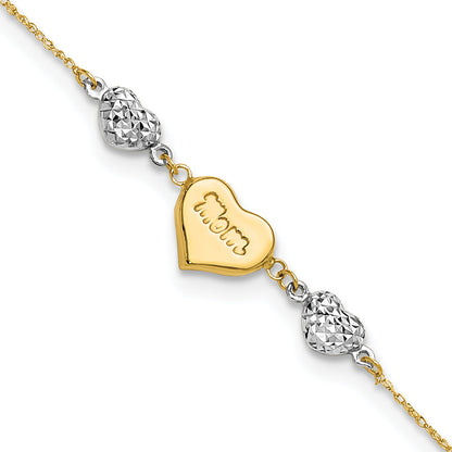 14K Two Tone Puffed Mom Heart And Diamond Cut Beads 7 Inch Bracelet Plus 1 Dangle Extender