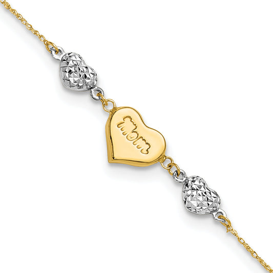14K Two Tone Puffed Mom Heart And Diamond Cut Beads 7 Inch Bracelet Plus 1 Dangle Extender