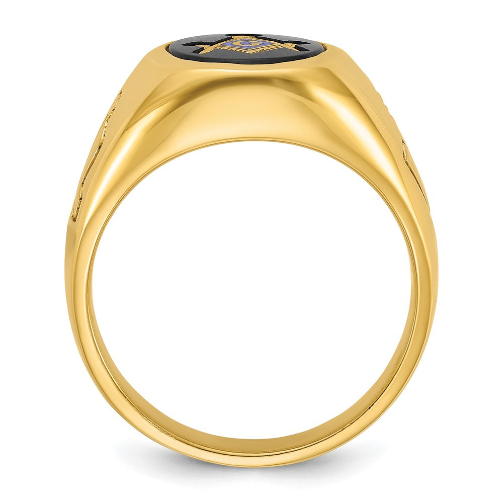 10K Yellow Gold Ibgoodman Men'S Polished And Grooved With Oval Onyx Blue Lodge Master Masonic Ring