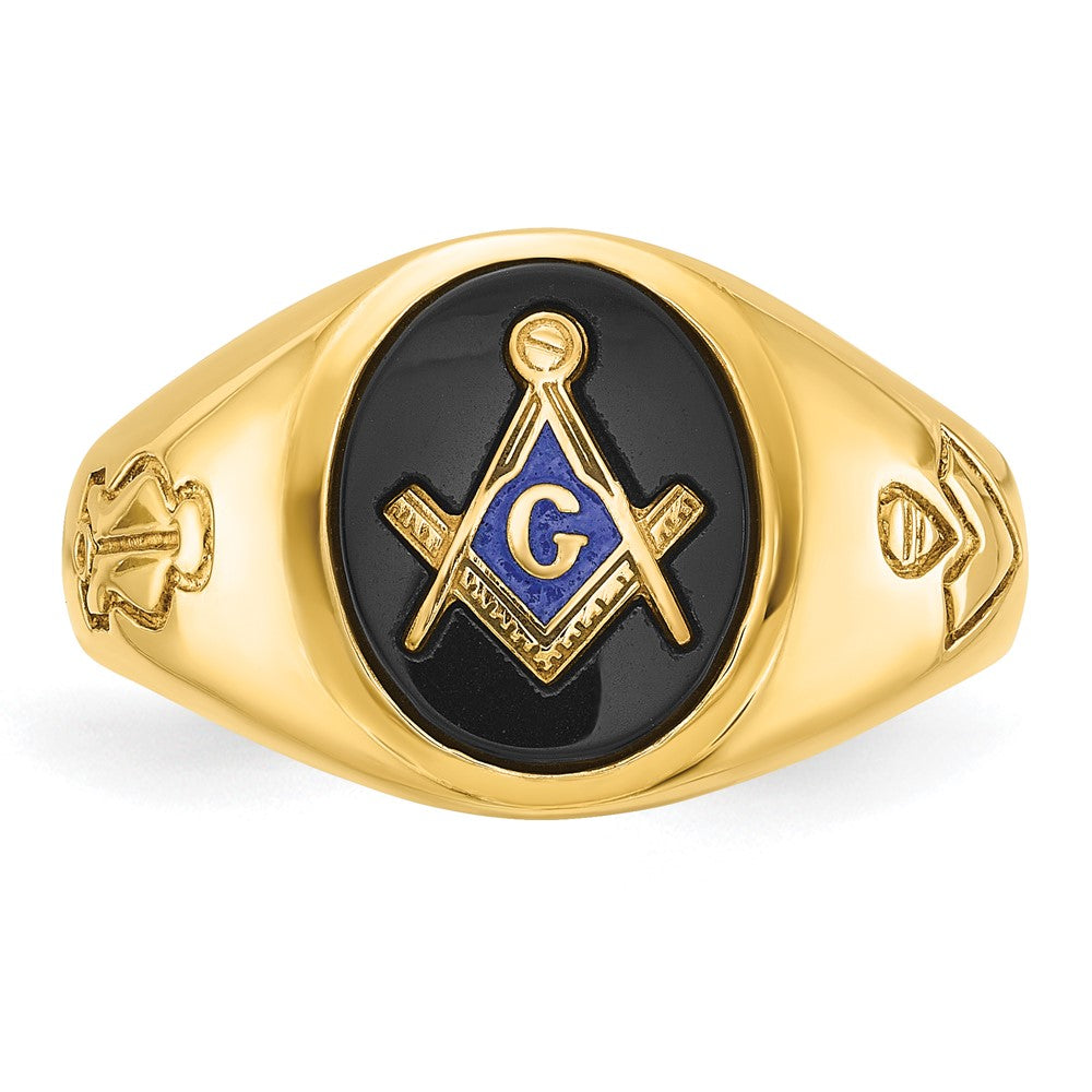 10K Yellow Gold Ibgoodman Men'S Polished And Grooved With Oval Onyx Blue Lodge Master Masonic Ring