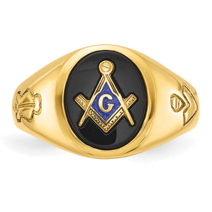 10K Yellow Gold Ibgoodman Men'S Polished And Grooved With Oval Onyx Blue Lodge Master Masonic Ring