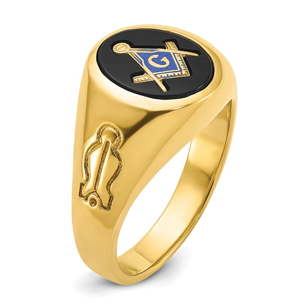 10K Yellow Gold Ibgoodman Men'S Polished And Grooved With Oval Onyx Blue Lodge Master Masonic Ring