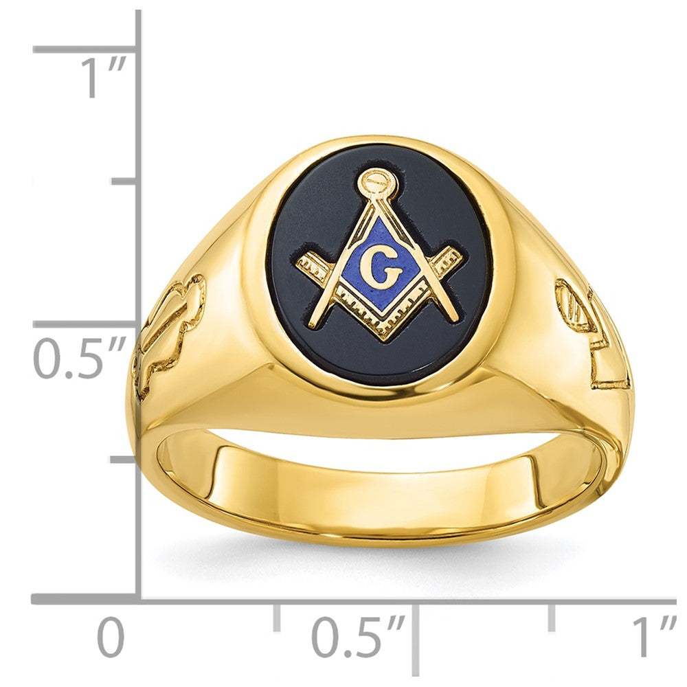 10K Yellow Gold Ibgoodman Men'S Polished And Grooved Blue Lodge Master Masonic Ring Mounting