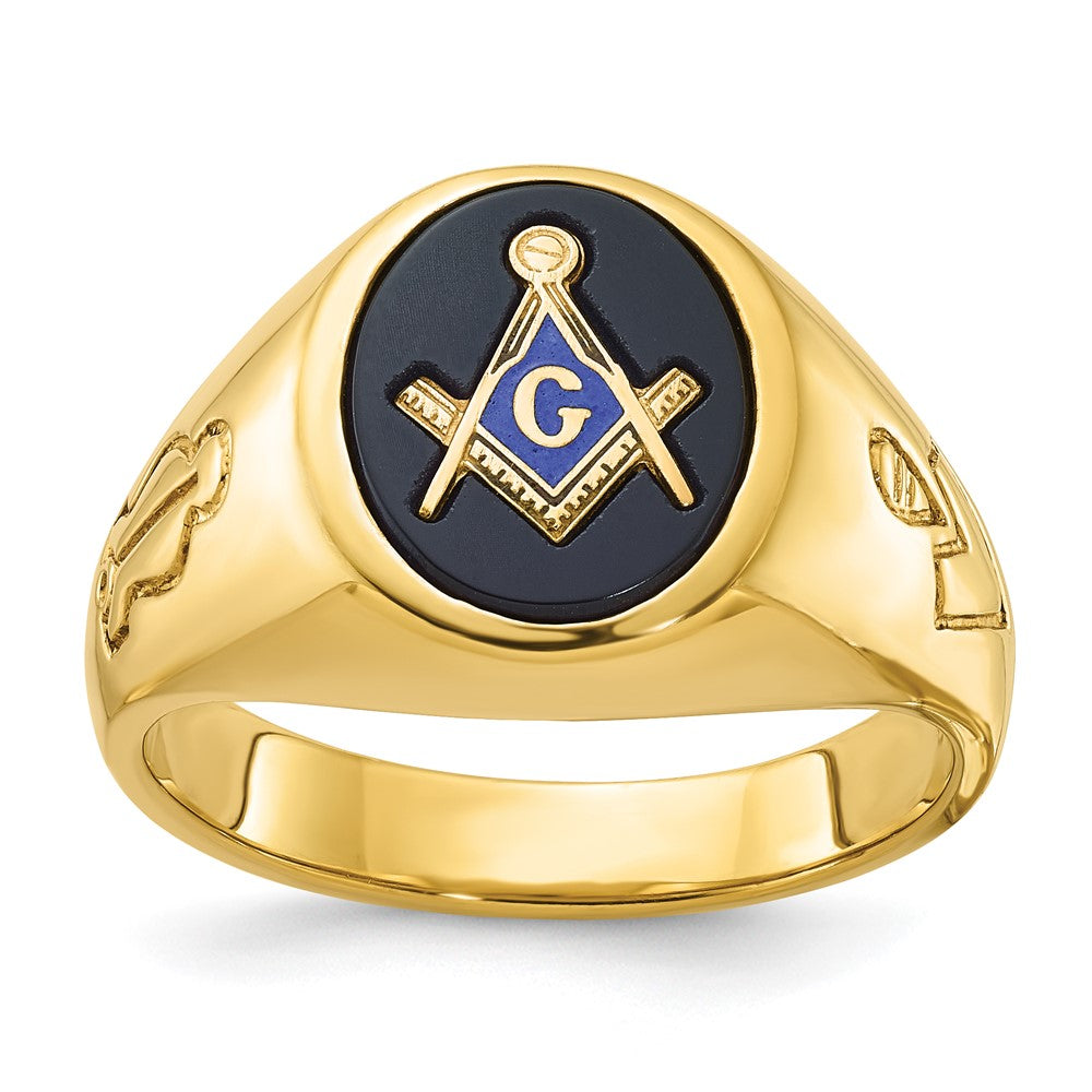 10K Yellow Gold Ibgoodman Men'S Polished And Grooved With Oval Onyx Blue Lodge Master Masonic Ring