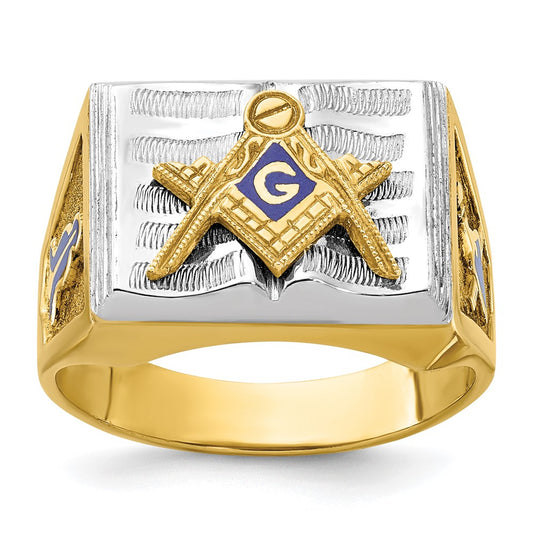 10K Two-Tone Ibgoodman Men'S Polished And Textured With Blue Enamel Lodge Master Masonic Ring
