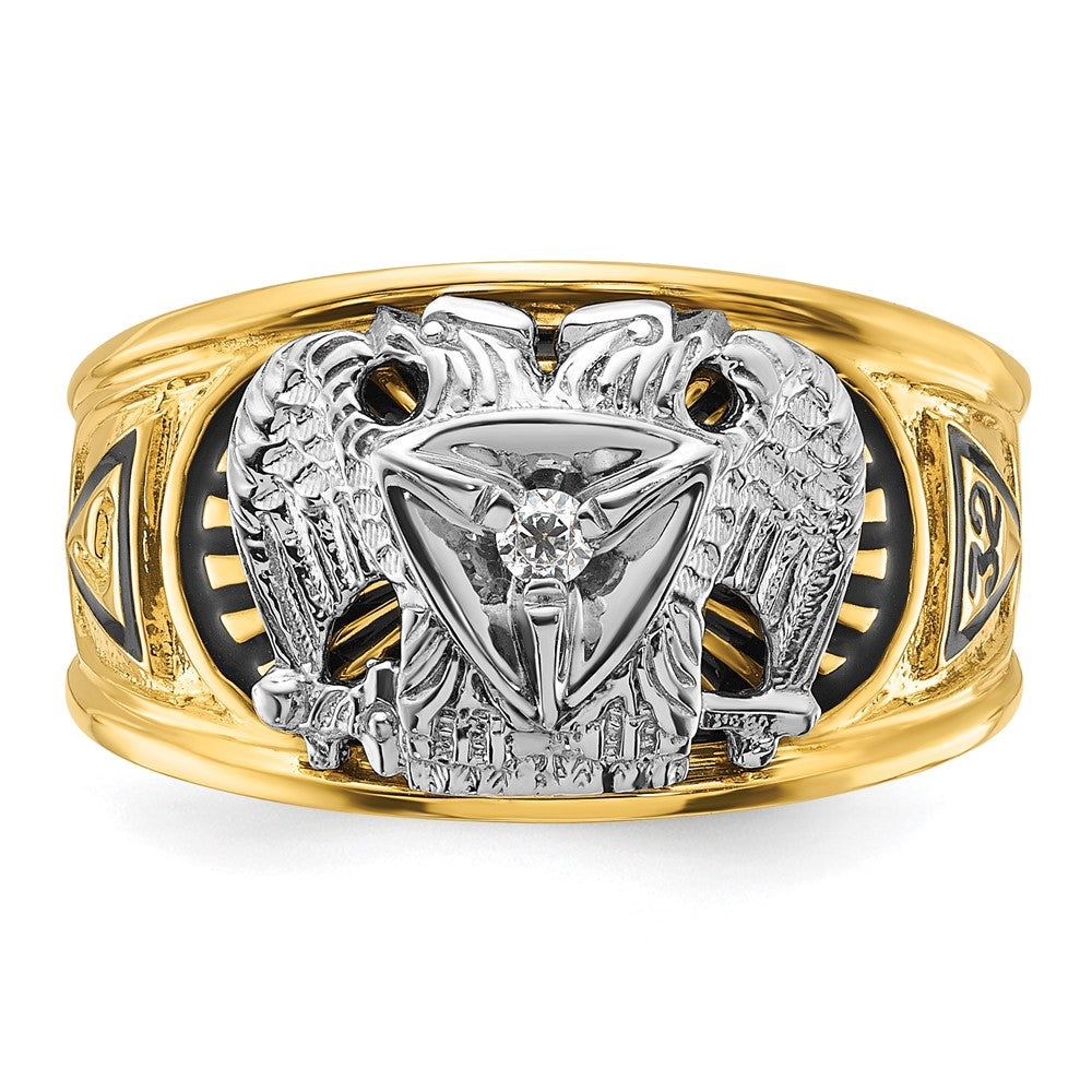 10K Two-Tone Ibgoodman Men'S Polished And Textured With Black Enamel Diamond 32Nd Degree Scottish Rite Masonic Ring