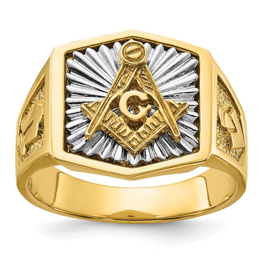 10K Two-Tone Ibgoodman Men'S Polished And Textured Sun Ray Blue Lodge Master Masonic Ring