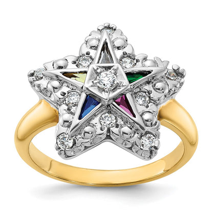 10K Two-Tone Ibgoodman Women'S Polished And Beaded With Multi-Color Cz Diamond Eastern Star Masonic Ring