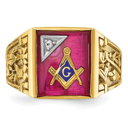 10K Two-Tone Ibgoodman Men'S Polished And Textured With Lab Created Ruby Diamond Blue Lodge Master Masonic Ring