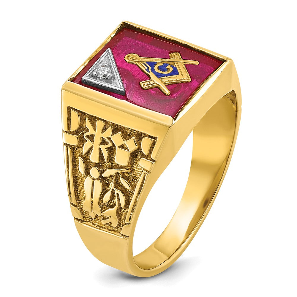 10K Two-Tone Ibgoodman Men'S Polished And Textured With Lab Created Ruby Diamond Blue Lodge Master Masonic Ring