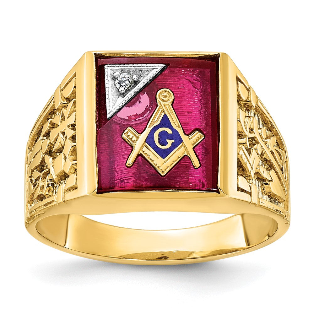 10K Two-Tone Ibgoodman Men'S Polished And Textured With Lab Created Ruby Diamond Blue Lodge Master Masonic Ring
