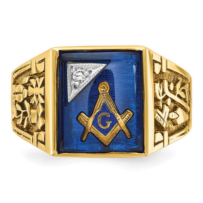 10K Two-Tone Ibgoodman Men'S Polished And Textured With Lab Created Sapphire Diamond Blue Lodge Master Masonic Ring