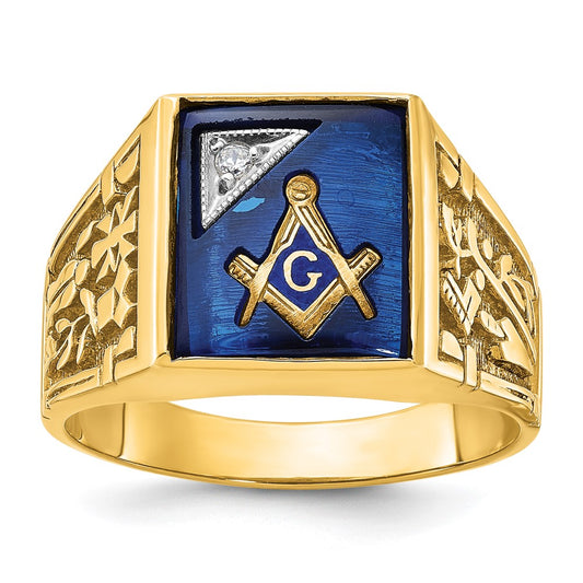 10K Two-Tone Ibgoodman Men'S Polished And Textured With Lab Created Sapphire Diamond Blue Lodge Master Masonic Ring