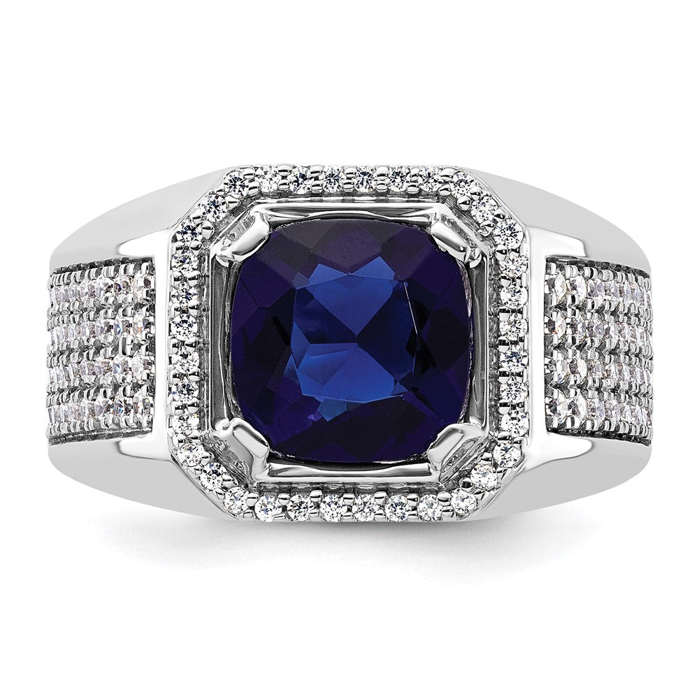 14k White Gold 7/8 Ct. Lab Grown Diamond VS/SI+ G+ and Created Blue Sapphire Men's Ring