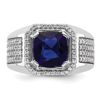 14k White Gold 7/8 Ct. Lab Grown Diamond VS/SI+ G+ and Created Blue Sapphire Men's Ring
