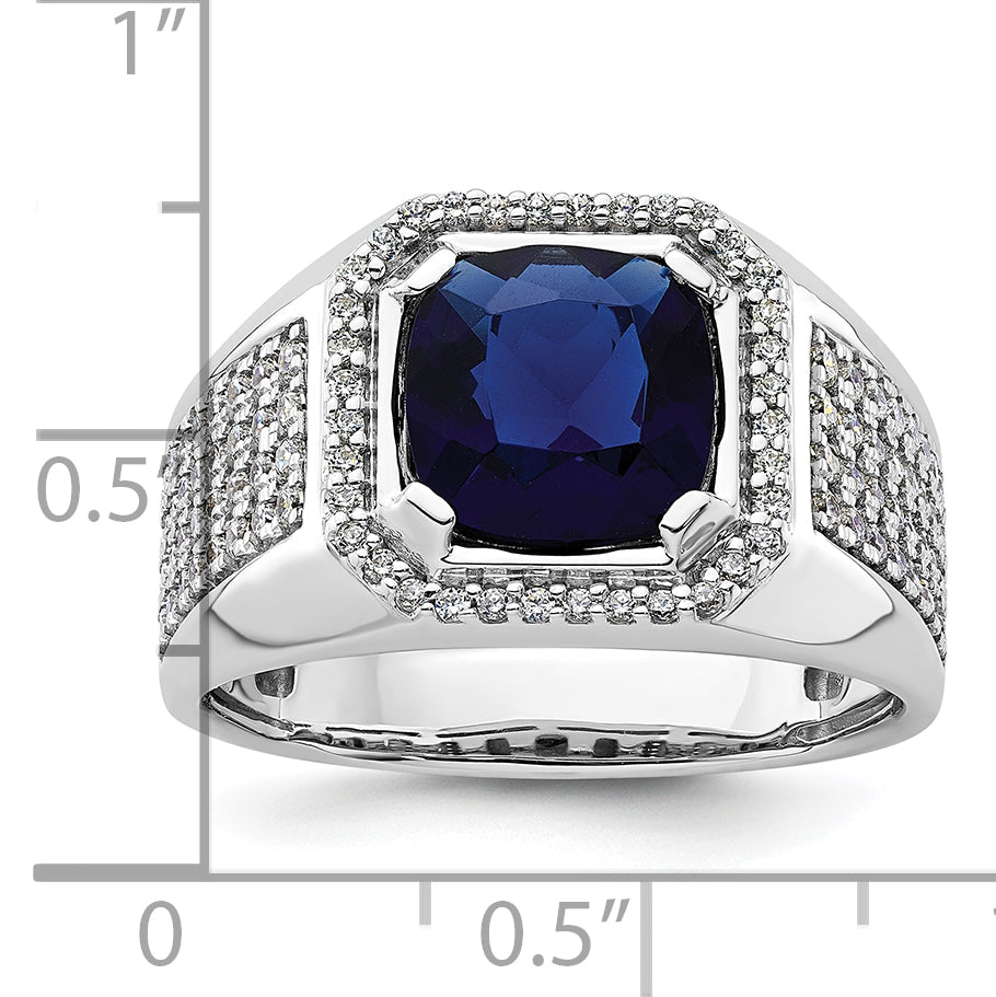 14k White Gold 7/8 Ct. Lab Grown Diamond VS/SI+ G+ and Created Blue Sapphire Men's Ring