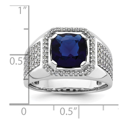 14k White Gold 7/8 Ct. Lab Grown Diamond VS/SI+ G+ and Created Blue Sapphire Men's Ring