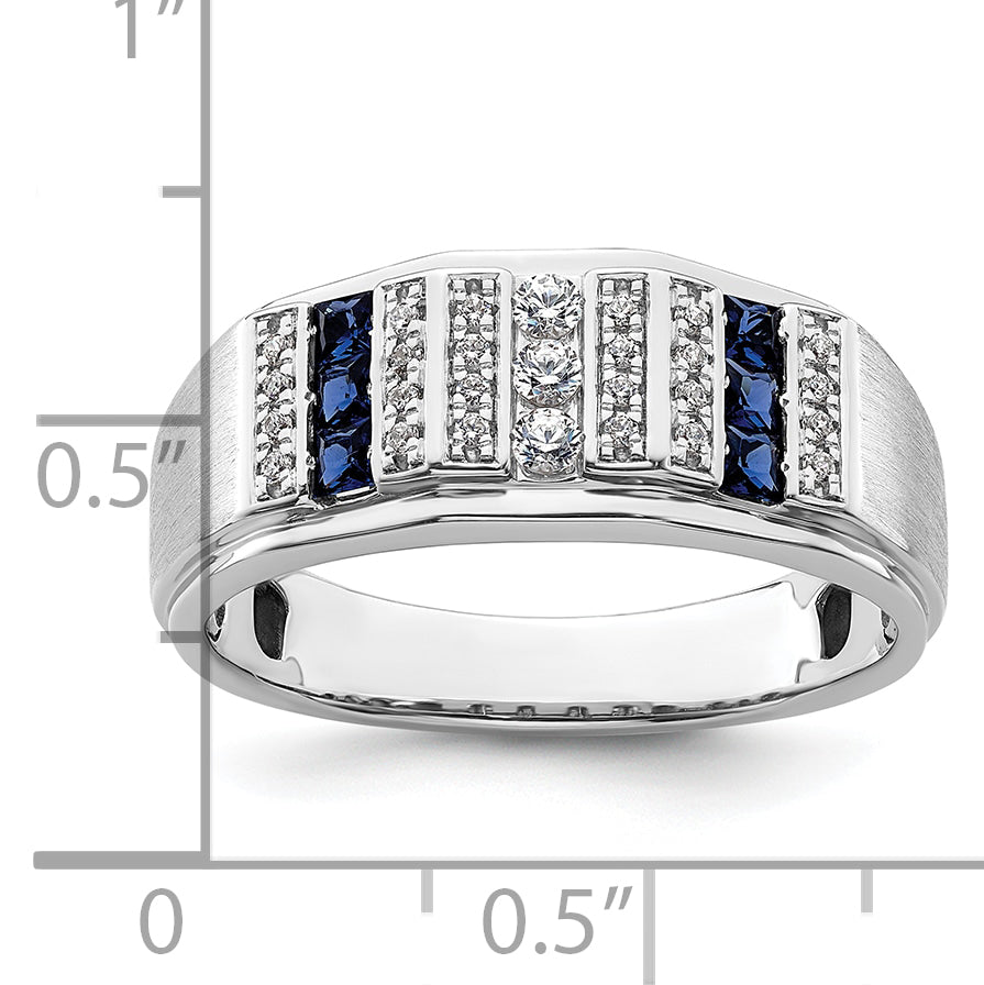 14k White Gold 1/5 Ct. Lab Grown Diamond VS/SI+ G+ and Lab Created Blue Sapphire Men's Ring