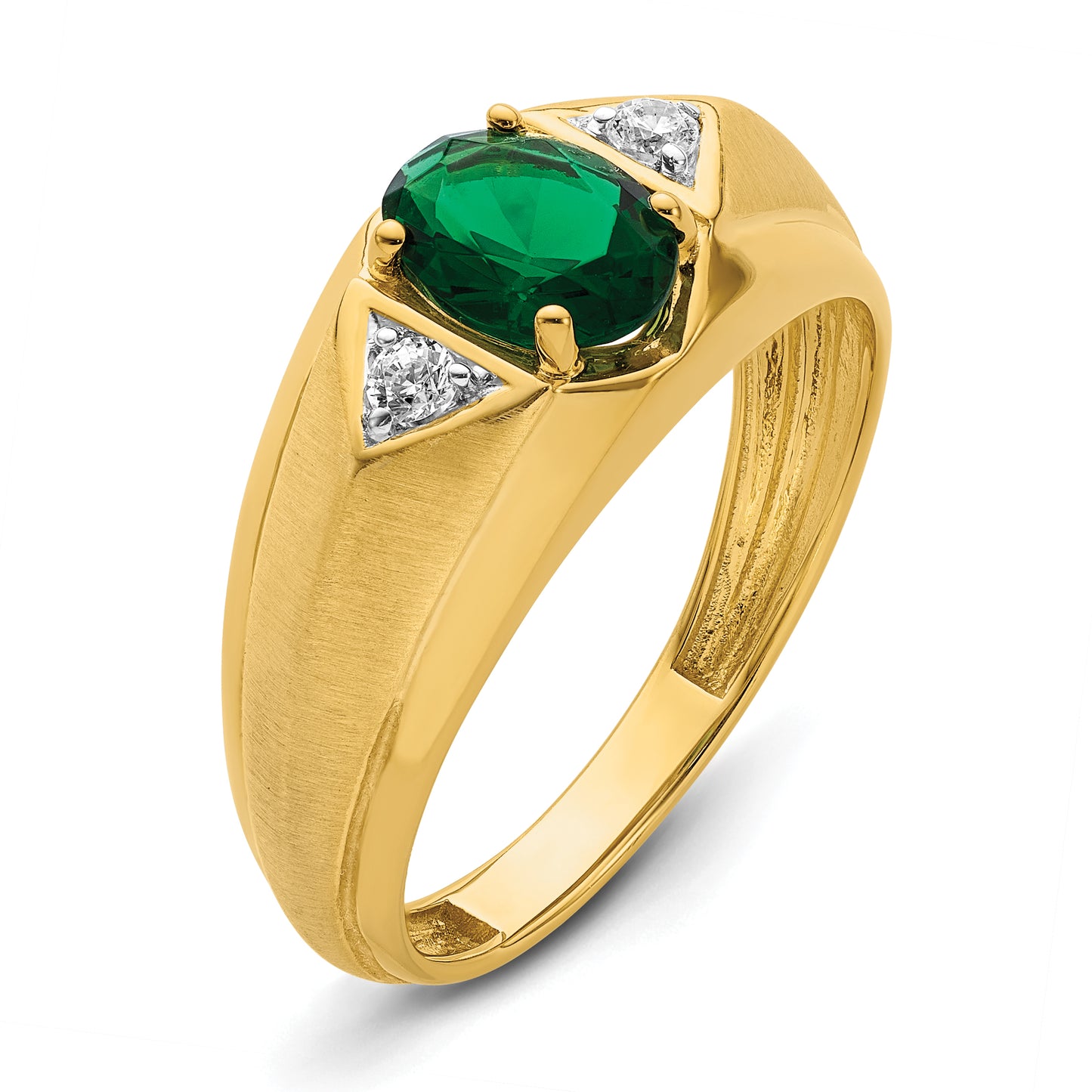 14k Yellow Gold 1/10 Ct. Lab Grown Diamond VS/SI+ G+ and Created Emerald Men's Ring