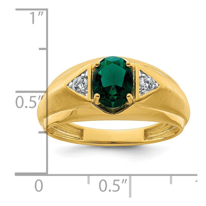 14k Yellow Gold 1/10 Ct. Lab Grown Diamond VS/SI+ G+ and Created Emerald Men's Ring