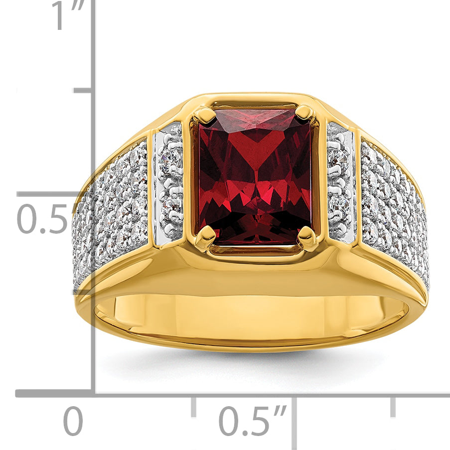 14k Yellow Gold White Rhodium 3/4 Ct. Lab Grown Diamond VS/SI+ G+ and Created Ruby Men's Ring