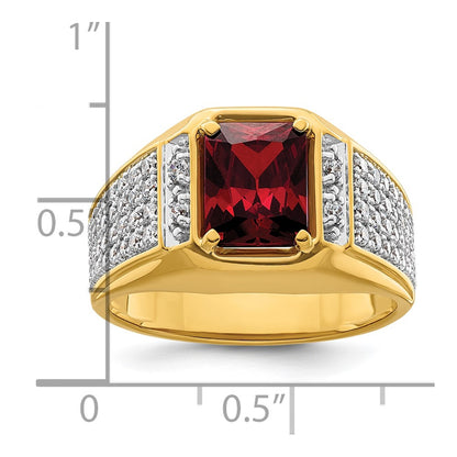 14k Yellow Gold White Rhodium 3/4 Ct. Lab Grown Diamond VS/SI+ G+ and Created Ruby Men's Ring
