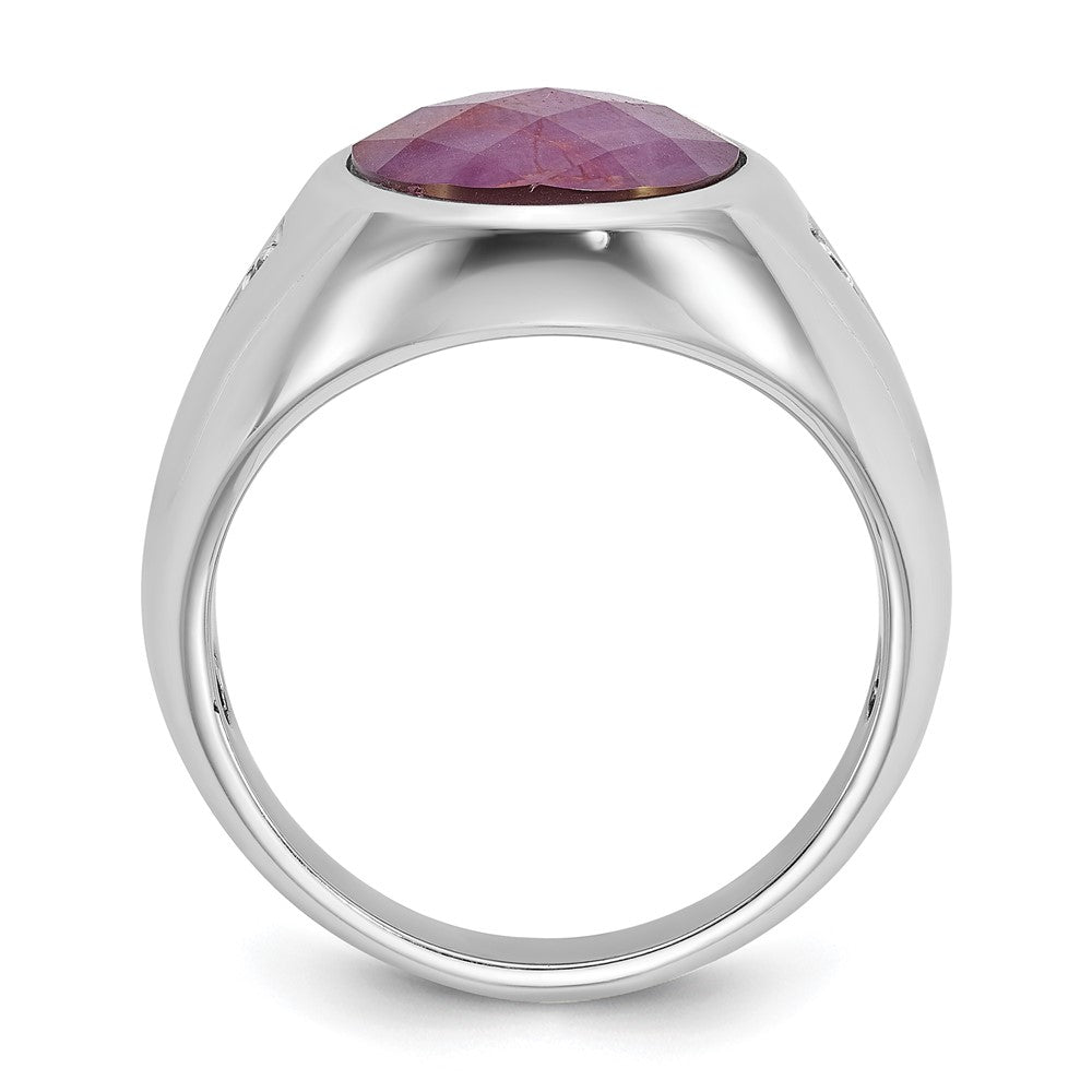 14k White Gold Men's Oval Ruby Doublet Stone and 1/15 carat Diamond Complete Ring