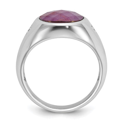 14k White Gold Men's Oval Ruby Doublet Stone and 1/15 carat Diamond Complete Ring
