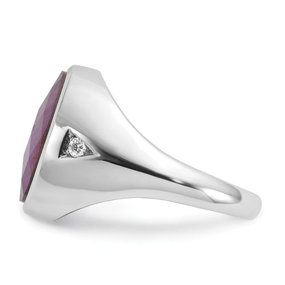 14k White Gold Men's Oval Ruby Doublet Stone and 1/15 carat Diamond Complete Ring